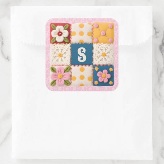 Embroidered Flower Patchwork Quilt Monogram スクエアシール (バッグ)