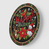 Embroidered Happy Holidays Black ラージ壁時計 (傾斜)