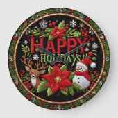 Embroidered Happy Holidays Black ラージ壁時計 (正面)