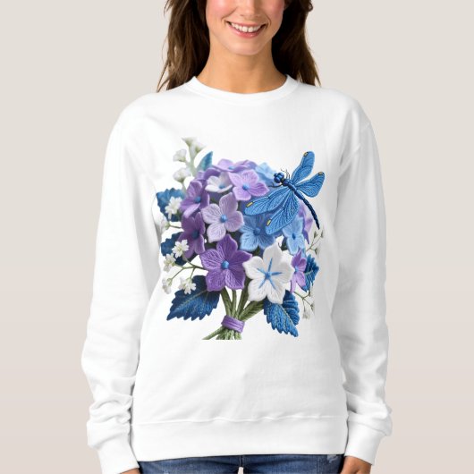 Embroidered Hydrangeas and Dragonfly Botanical Art スウェットシャツ (正面)