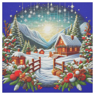 Embroidered Look Outdoor Winter Christmas Scene ファブリック