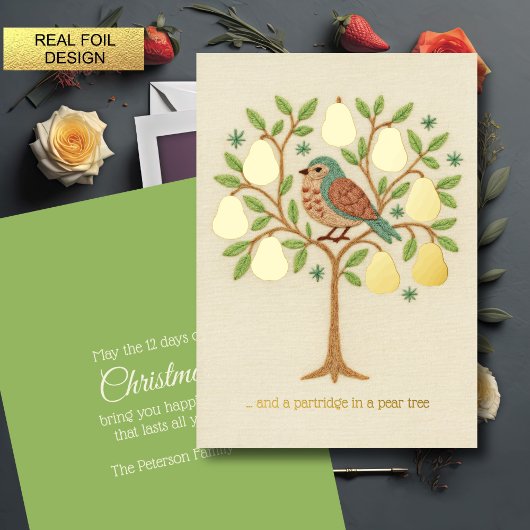 Embroidery Christmas Partridge in a Pear Tree 箔シーズンカード