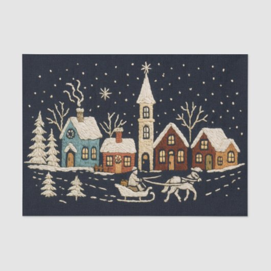 Embroidery Christmas Snowy Village Scene Blue 薄葉紙 (正面)