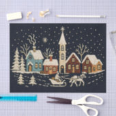 Embroidery Christmas Snowy Village Scene Blue 薄葉紙 (クラフト)