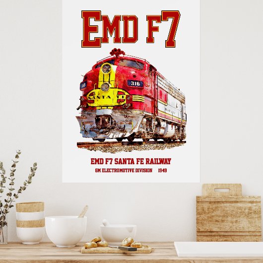 EMD F7 Santa Fe Warbonnet Diesel Locomotive. ポスター (キッチン)