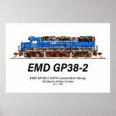 EMD GP38-2 ディーゼル機関車 GATX ブルー&ホワイト ポスター (正面)