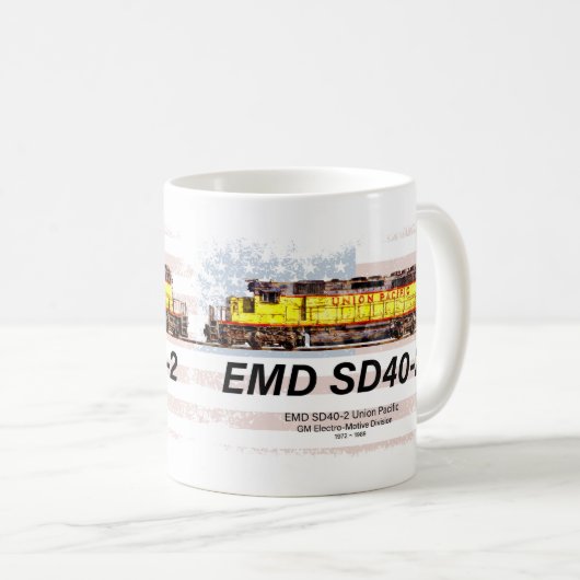 EMD SD40-2ディーゼル機関車。アメリカ国旗 コーヒーマグカップ (正面右)