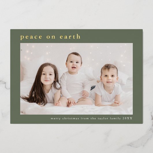 EMELIAグリーンフォイル写真の平和に地球クリスマス 箔シーズンカード (正面)