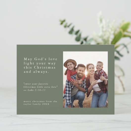 EMELIAグリーンフォト簡単シンプル宗教的クリスマス シーズンカード (スタンド正面)