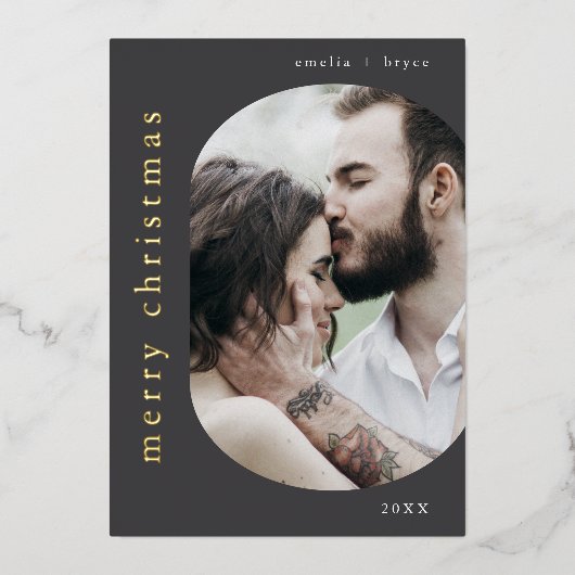 EMELIAグレーゴールドフォイルフォトメリークリスマス 箔シーズンカード (正面)