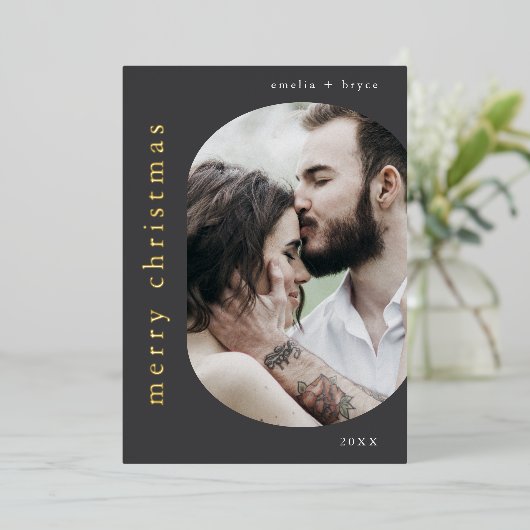 EMELIAグレーゴールドフォイルフォトメリークリスマス 箔シーズンカード (立ち正面)