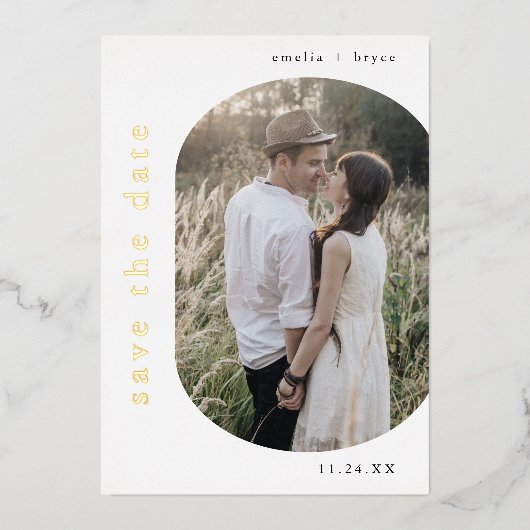 EMELIAゴールドフォイルボホモダンウェディングデートを保存 箔招待状 (正面)