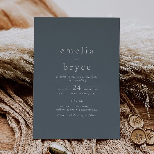 EMELIAダークブルーシルバーフォイルシンプルボホ結婚ーズ 箔招待状