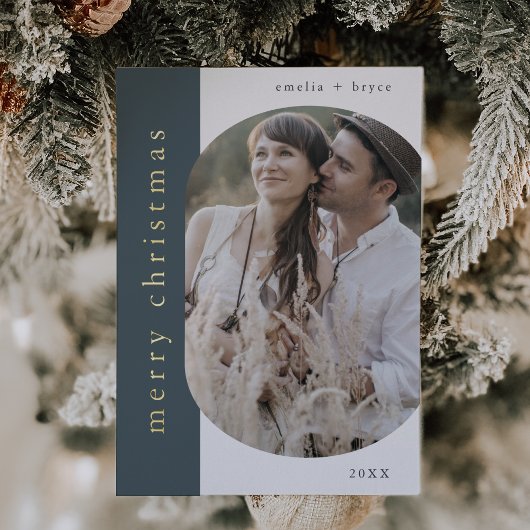 EMELIAブルーゴールドフォイルオーバルフォトメリークリスマス 箔シーズンカード