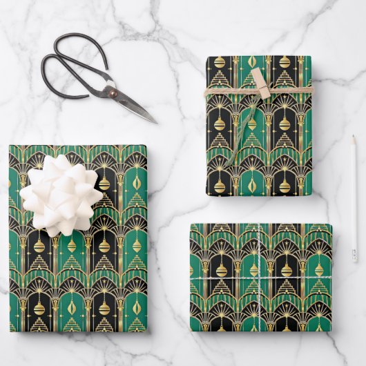Emerald and Black Art Deco Holiday Pattern ラッピングペーパーシート (正面)
