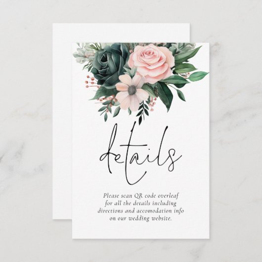 Emerald and Blush Florals QR Code Wedding Details エンクロージャーカード (正面/裏面)