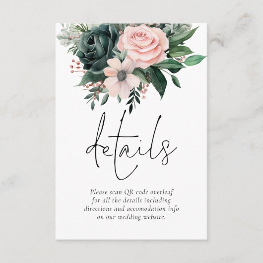 Emerald and Blush Florals QR Code Wedding Details エンクロージャーカード (正面)