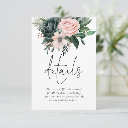 Emerald and Blush Florals QR Code Wedding Details エンクロージャーカード (スタンド正面)