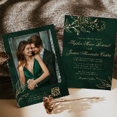 Emerald and Gold Elegant Botanical Photo Wedding 招待状