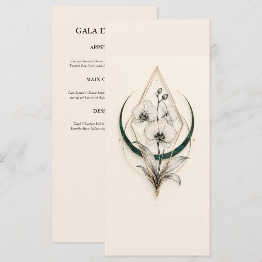 Emerald and Gold Geometric Orchid Luxury Gala メニュー (正面/裏面)