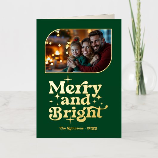 Emerald and Gold Merry and Bright Photo Christmas 箔シーズンカード (正面)