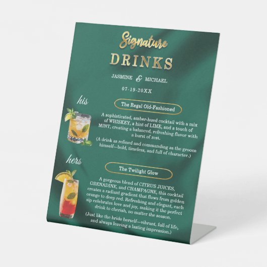 Emerald and Gold Minimal Wedding Signature Drinks 台座サイン (正面)