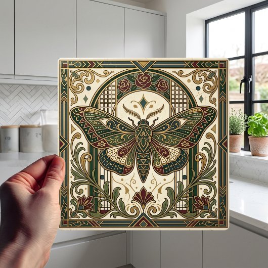 Emerald Art Nouveau Moth Decorative Tile タイル