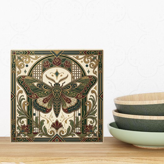 Emerald Art Nouveau Moth Decorative Tile タイル