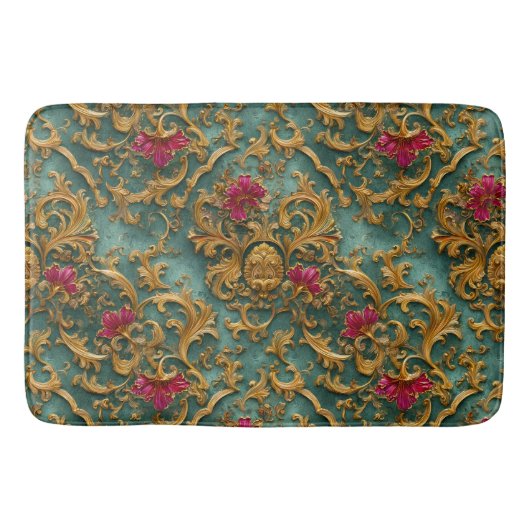 Emerald Baroque Floral with Gold Ornaments バスマット (正面)