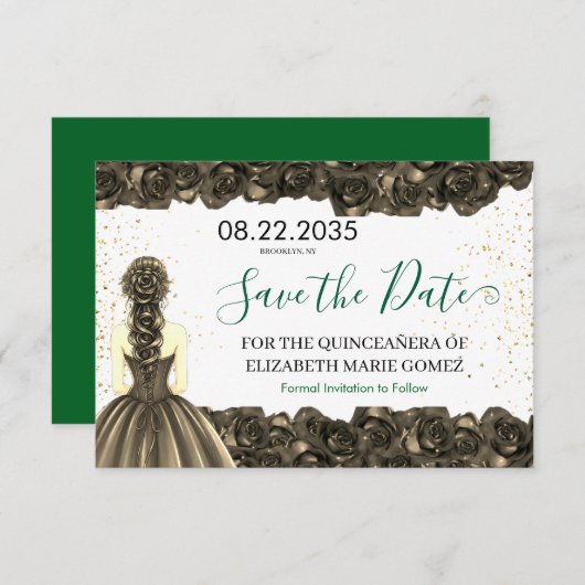 Emerald & Black Quinceañera Save the Date セーブザデート (正面/裏面)