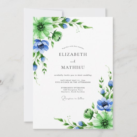 Emerald Blue Botanical Spring Wedding 招待状 (正面)