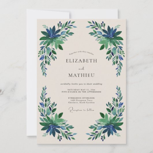 Emerald Blue Floral Flourish Wedding 招待状 (正面)