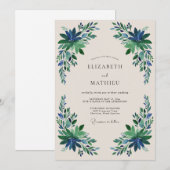 Emerald Blue Floral Flourish Wedding 招待状 (正面/裏面)