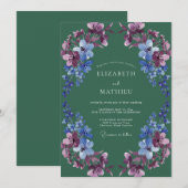 Emerald Blue Floral Romance Wedding 招待状 (正面/裏面)