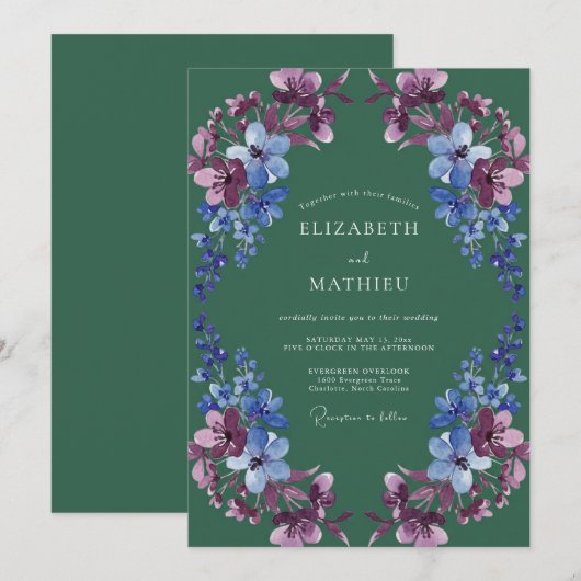 Emerald Blue Floral Romance Wedding 招待状 (正面/裏面)