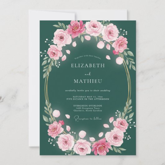 Emerald Blush Floral Garland Wedding 招待状 (正面)