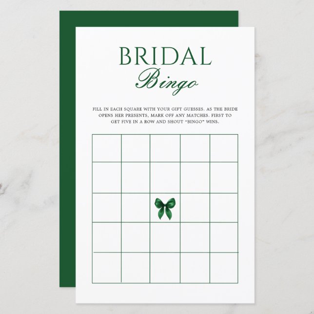 Emerald Bow Bridal Shower Bingo Game (正面/裏面)
