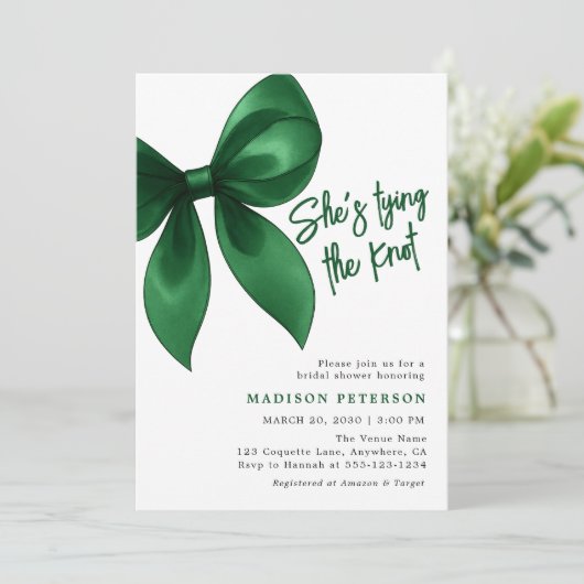 Emerald Bow She's Tying the Knot Bridal Shower 招待状 (スタンド正面)