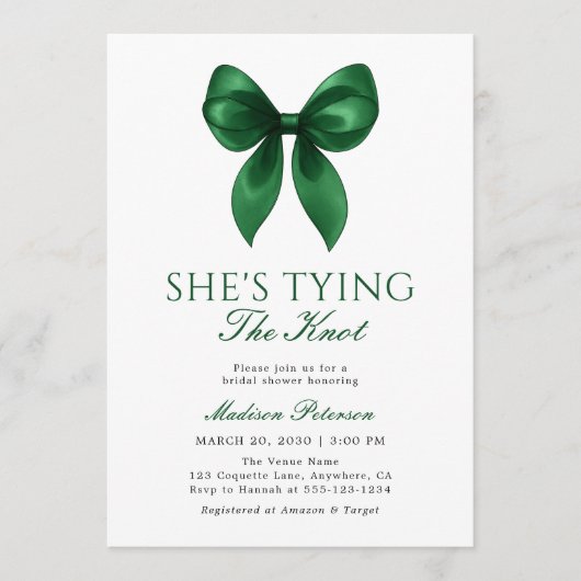Emerald Bow She's Tying the Knot Bridal Shower 招待状 (正面)