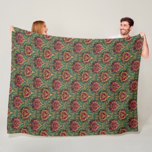 Emerald Burgundy Baroque Damask フリースブランケット (インサイチュ)
