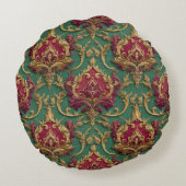 Emerald Burgundy Baroque Damask ラウンドクッション (裏面)
