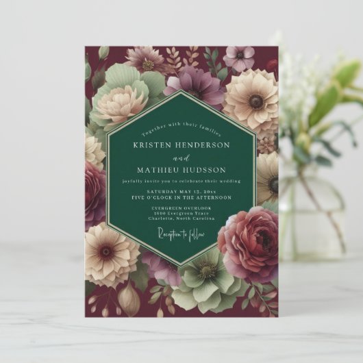 Emerald Burgundy Dramatic Bloom Wedding 招待状 (スタンド正面)