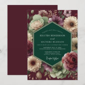 Emerald Burgundy Dramatic Bloom Wedding 招待状 (正面/裏面)