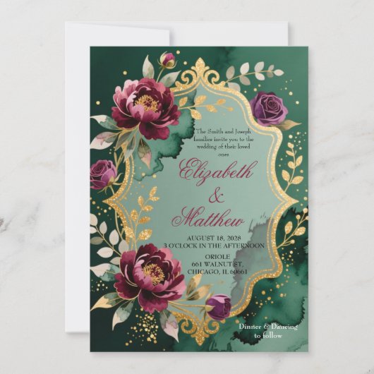 Emerald Burgundy Floral Glitter Wedding Invitation 招待状 (正面)