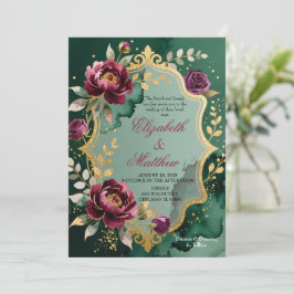 Emerald Burgundy Floral Glitter Wedding Invitation 招待状