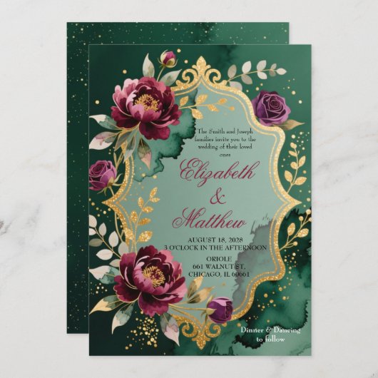 Emerald Burgundy Floral Glitter Wedding Invitation 招待状 (正面/裏面)