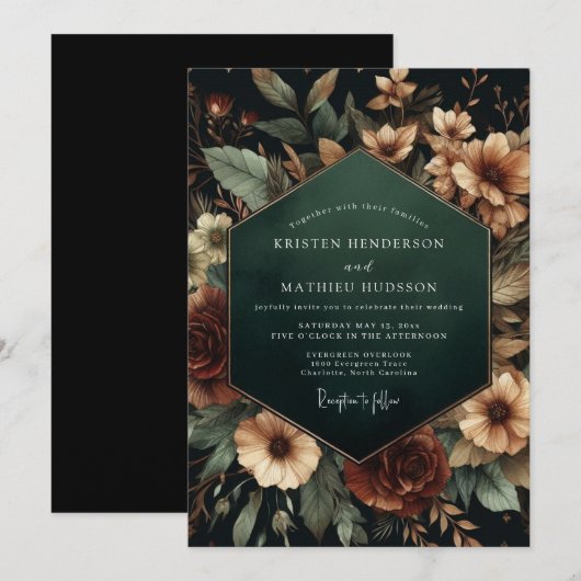 Emerald Chiaroscuro Flora Wedding 招待状 (正面/裏面)