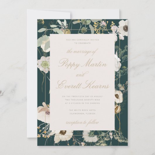 Emerald & Cream Floral Poppy Wedding Invitation 招待状 (正面)