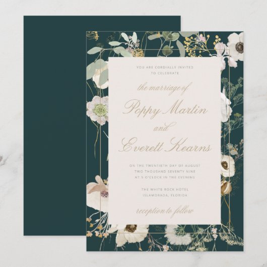 Emerald & Cream Floral Poppy Wedding Invitation 招待状 (正面/裏面)