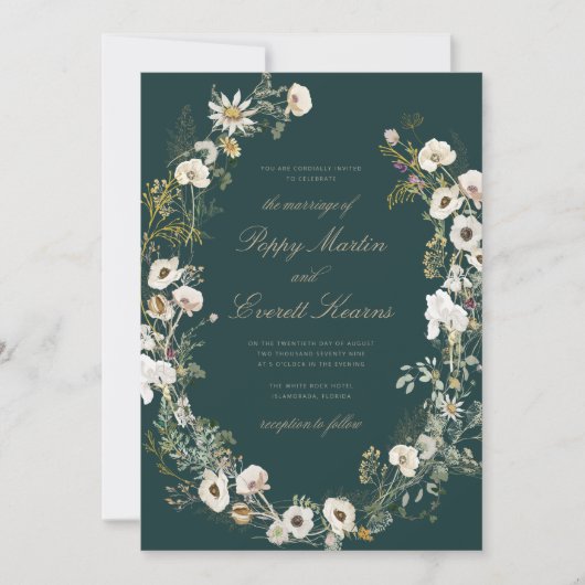 Emerald & Cream Floral Poppy Wedding Invitation 招待状 (正面)